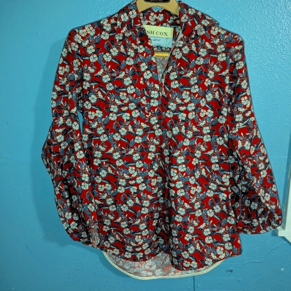 tish cox Floral Red and White Button-Up Shirt